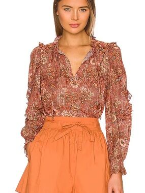 Ulla Johnson Floral Ruffle V-Neck Blouse in Rust and Orange W/Mini Bell Accents